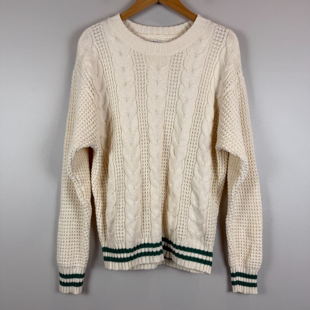 American Eagle Sweater Women M Ivory Cable Knit Crew Pullover‎ Preppy Varsity